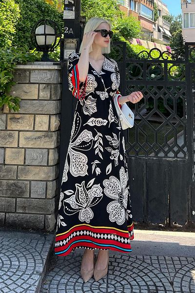 Madmext Black Long V-Neck Pattern Women's Dress MG2100