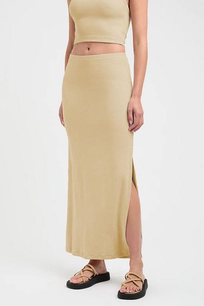 Madmext Bézs Basic Slit részletes női hosszú szoknya Mg1650