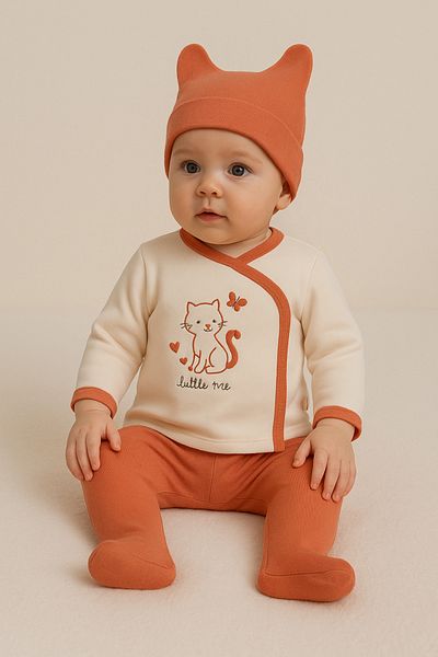 TRENDİMİZBİR Butterfly Cat Embroidered Baby Girl 3-Piece Hospital Outfit Set - Orange