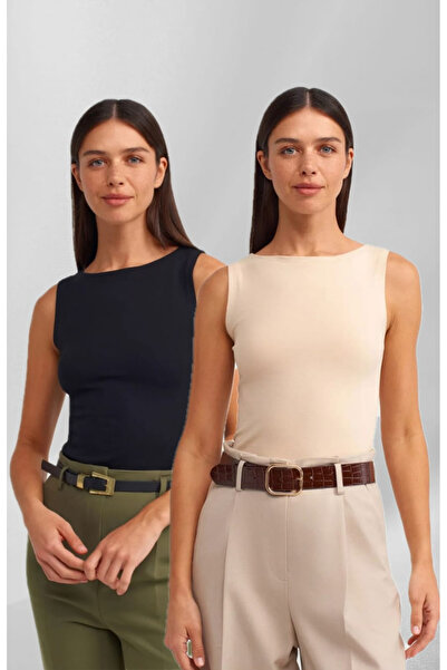 ZUXO طاقم الرقبة 2 قطعة بلا أكمام كريم أسود