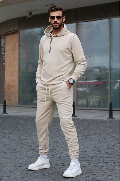 Madmext Beige Hooded Basic Tracksuit Set 5908