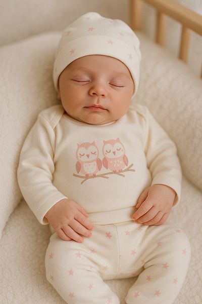 TRENDİMİZBİR Bird Embroidered Unisex 3-Piece Baby Bodysuit Set - Pink