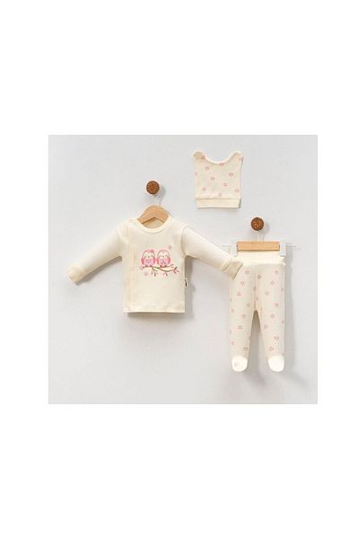 TRENDİMİZBİR Bird Embroidered Unisex 3-Piece Baby Bodysuit Set - Pink