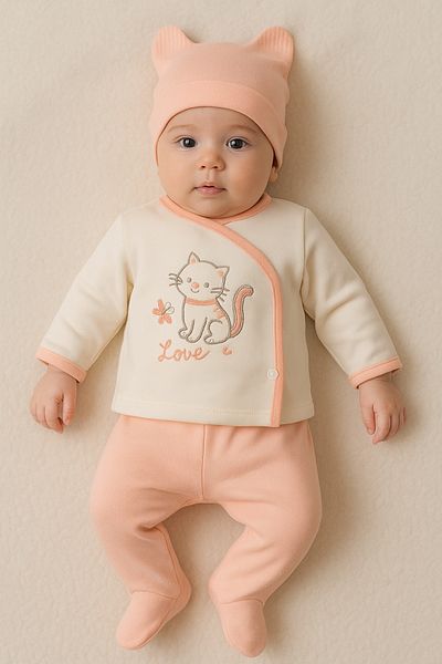 TRENDİMİZBİR Butterfly Cat Embroidered Baby Girl 3-Piece Hospital Outfit Set - Salmon
