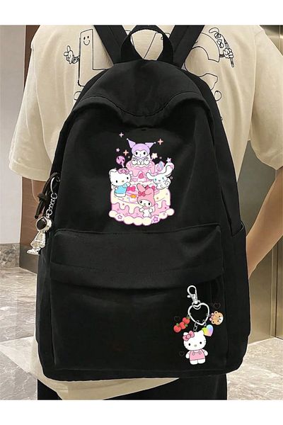 DENOKMODA Kuromi Ribbon Pink Cake Keychain Printed School, Classroom, Course Backpack