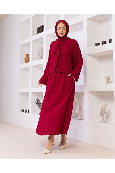 NEW STYLE Bordo Airflow Krep İkili Takım – Bağcık Detaylı Bluz & Pileli Etek