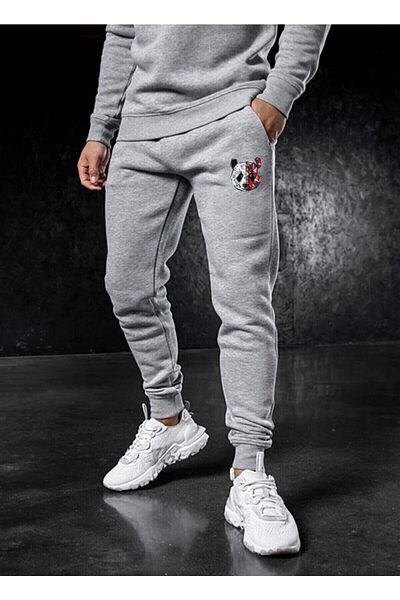 NEW TRENDY COLLECTİON Unisex Tokyo Panda Printed Winter Cotton Gray Color Ribbed Sweatpants