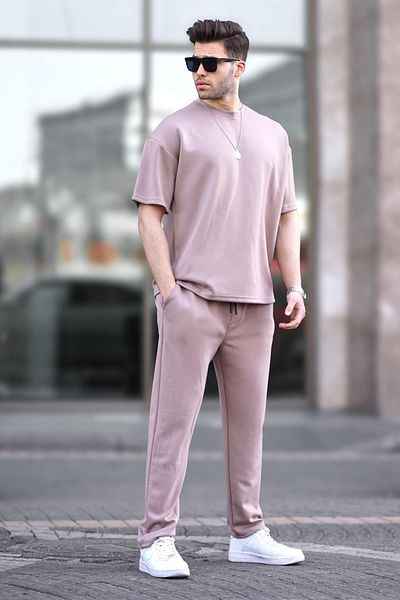 Madmext Bézs Oversize rövid ujjú tréningruha szett 5954