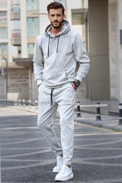 Madmext Ecru Hooded Basic Tracksuit Set 5903