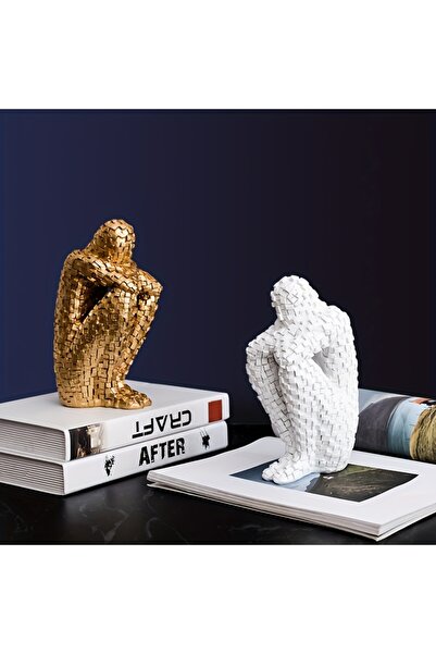 Deslina Dekoratif Düşünen Adam Ev & Ofis İçin Obje Beyaz Heykel