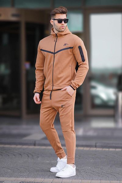 Madmext Ανδρική φόρμα Jogger με καφέ κουκούλα 5673