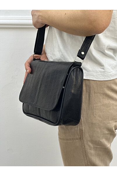 Deribag Genuine Leather, Cross Strap, Daily Bag, Women's Shoulder Bag, Black Patterned 25*21*8 cm