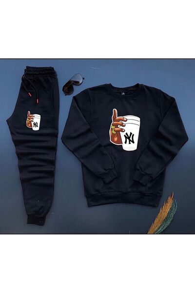 Minikelya New Season Glass NY Printed Cotton Crew Neck Sweat-Sweatpants Set of 2