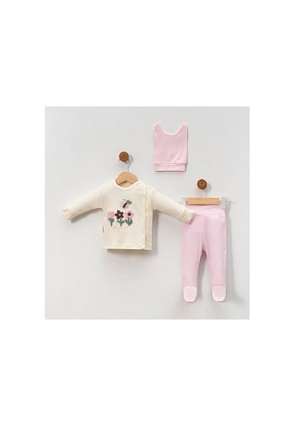 TRENDİMİZBİR Tulip Bee Embroidered Baby Girl 3-Piece Hospital Outfit Set - Pink