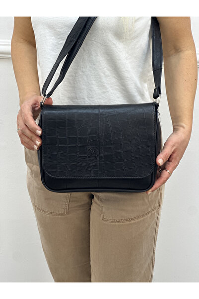 Deribag Genuine Leather, Cross Strap, Daily Bag, Women's Shoulder Bag, Black Patterned 25*21*8 cm