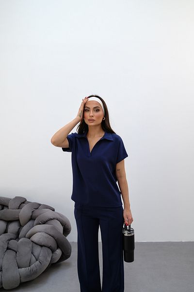 veres Women's Navy Blue Comfortable Stretchy Knitted Polo Neck Tshirt and Loose Wide Leg High Waist Sweatpants Bottom-Top Set