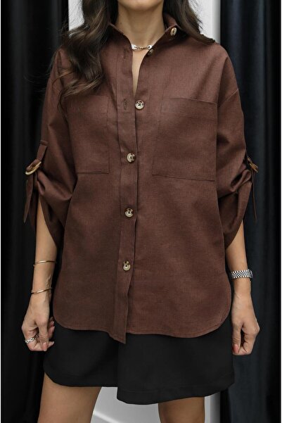 Havoş Brown Sleeves Belt Detailed Raw Linen Shirt