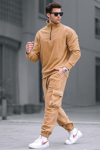 Madmext Σετ ανδρικές φόρμες Fleece γιακά με φερμουάρ μουστάρδας 5931