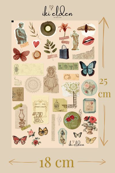İki Elden Vintage Sticker Set 5 Stickers 200+ Stickers Agenda Notebook Bullet Journal Compatible