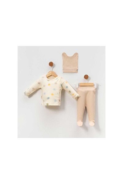 TRENDİMİZBİR Colorful Stars Patterned Unisex Baby 3-Piece Hospital Outfit - Salmon