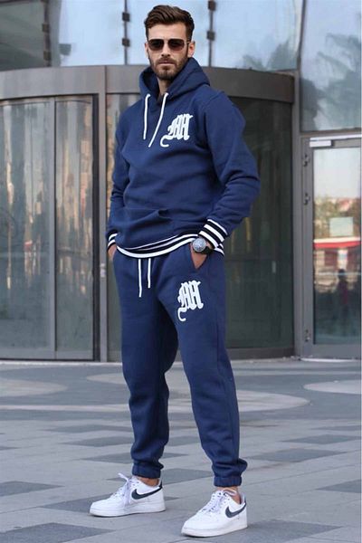 Madmext Σετ φόρμας με κουκούλα Navy Blue εμπριμέ 5909