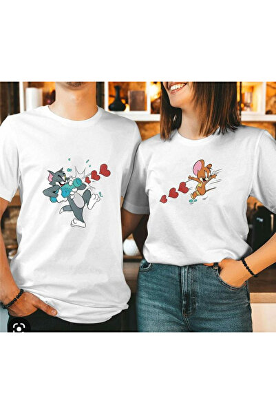 macklin Unisex Kadın Erkek Tom ve Jerry Kalp Baskılı Sevgili Çift Kombini Tas...