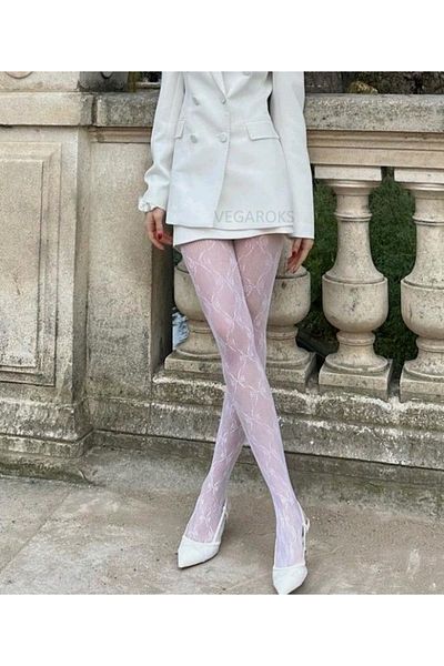 VEGAROKS Imported White Pantyhose with Bowtie Ribbon Pattern