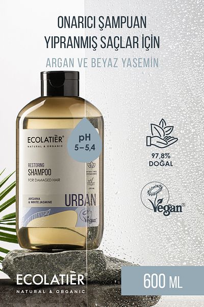 ECOLATIER Restorative Shampoo 97.8% Natural Shampoo for Damaged Hair Argan Oil and Jasmine Extract, 600 ml