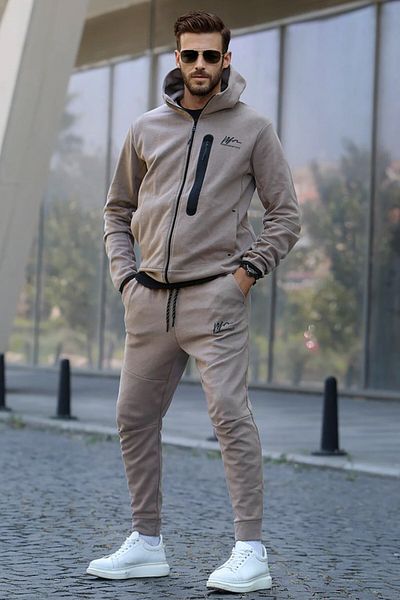 Madmext Σετ ανδρικής φόρμας Regular Fit σε μπεζ εμπριμέ