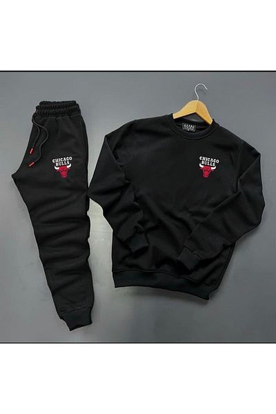 NEW TRENDY COLLECTİON New Season Unisex Bulls Printed Black Cotton Crew Neck - Cotton Black Sweatpants Set, 2 Pieces