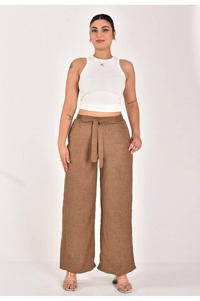 MİRA BUTİK Linen Pants Large Size Comfortable Fit Pocket Waist Elastic Size 40-50