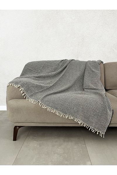 Tuable Husă de scaun multifuncțional Lora, țesătură din bumbac, șal pentru canapea extensibilă anti-alunecare cu franjuri - negru 170x210cm