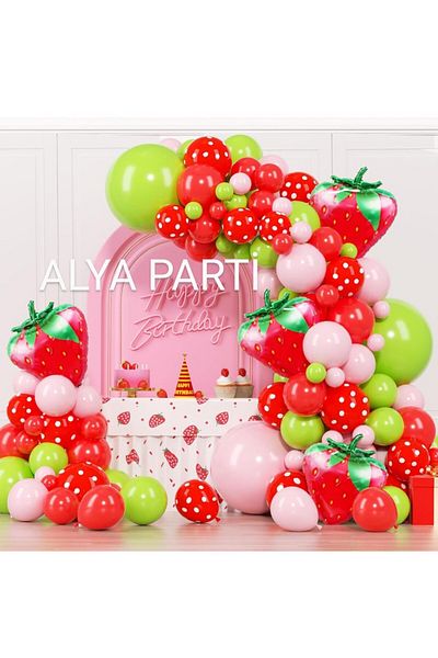 ALYA Σετ γενεθλίων PARTY LED συχνό σχέδιο με πράσινο μπαλόνι φράουλα Σετ γενεθλίων