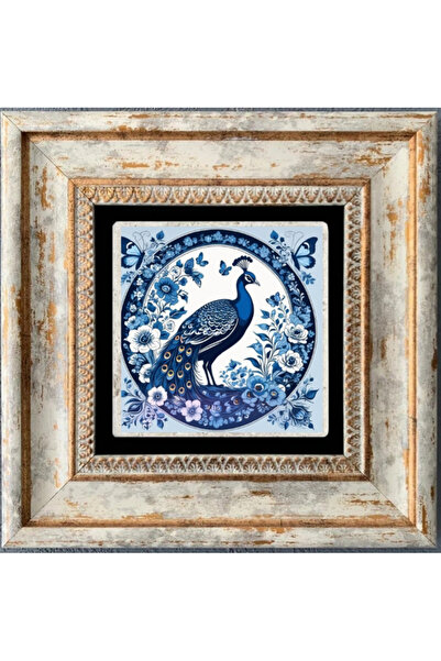 STONEVİVEART TAVUSKUŞU DESENLİ MAVİ ÇİNİ STİL DOĞALTAŞ BASKILI ÇERÇEVELİ 20CM...