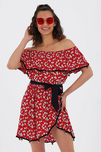 bacc Women's Red Madonna Collar Patterned Flounce Woven Dress Bcvl- 251000 Elb