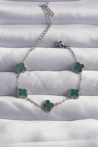 Clariss 316L Steel Baby Boy Silver Color Striped Green Enamel Clover Bracelet