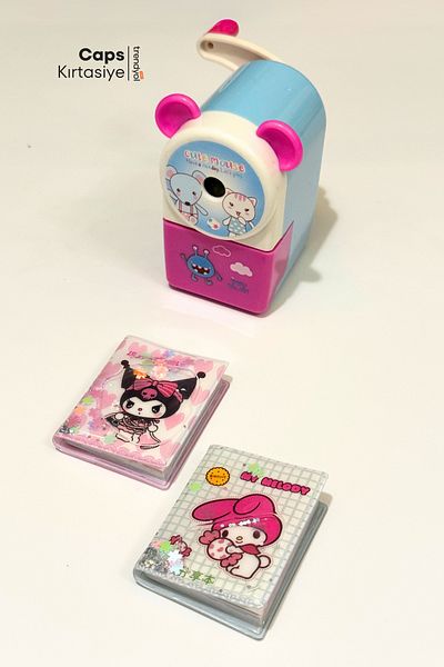 caps office Desktop Pencil Sharpener with Ears and Sleeves & Sanrio Themed Juicy Mini Notebook – Kuromi My Melody Stationery Set