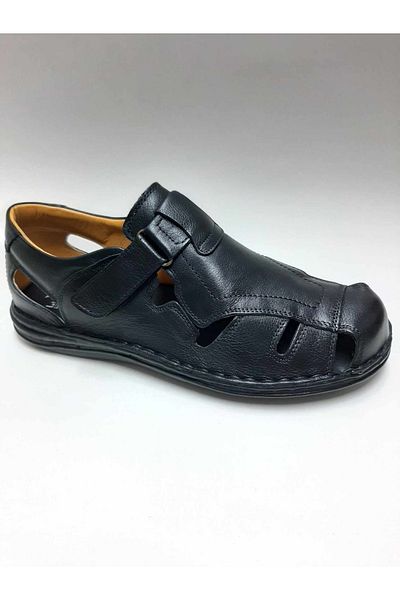 Luis Figo Lui̇s Fi̇go Genuine Leather Orthopedic Black Velvet Men's Sandals Number 45-46