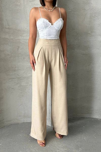 bacc Women's Beige Linen Double Pleated Woven Trousers Bchn- 25255046