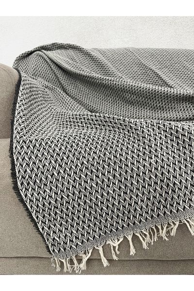 Tuable Husă de scaun multifuncțional Lora, țesătură din bumbac, șal pentru canapea extensibilă anti-alunecare cu franjuri - negru 170x210cm