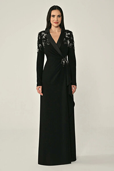 ALFABETA KADIN ABİYE UZUN KOLLU YAKASI BELİ TAŞLI KREP UZUN ELBİSE