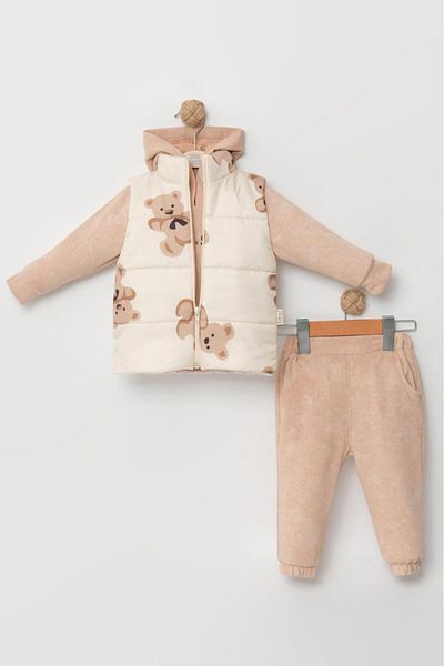 Mini Baray Baby Boy Bear Printed Micro Inflatable Vest Set of 3 (9-12-18 Months) - Cotton