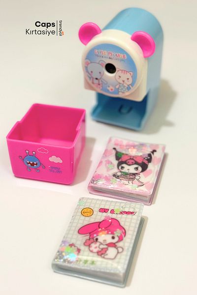 caps office Desktop Pencil Sharpener with Ears and Sleeves & Sanrio Themed Juicy Mini Notebook – Kuromi My Melody Stationery Set