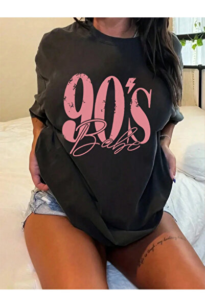 GALASHOP Kadın 90'S Özel Baskılı Renkli Penye Pamuklu Bisiklet Yaka T-Shirt