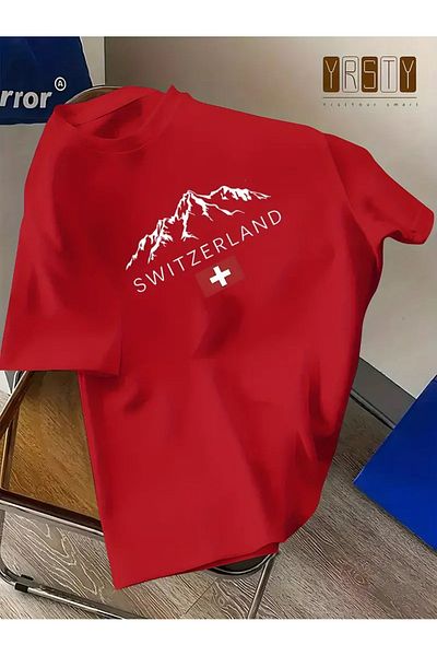 Massgai Unisex Design Mountain Switzerland Printed Oversize 100% Cotton T-Shirt