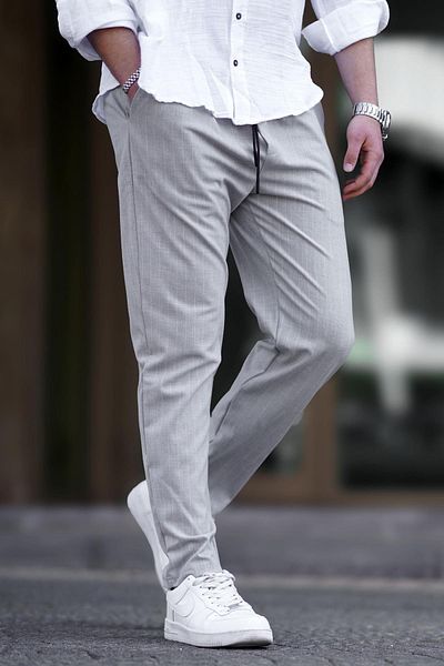 Madmext Gray Striped Men's Fabric Trousers 6537