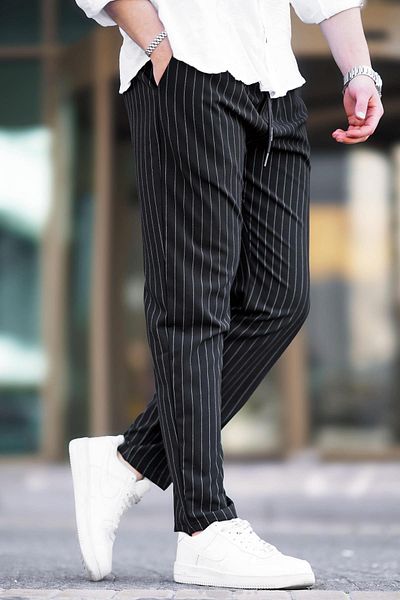 Madmext Black Striped Men's Fabric Trousers 6537
