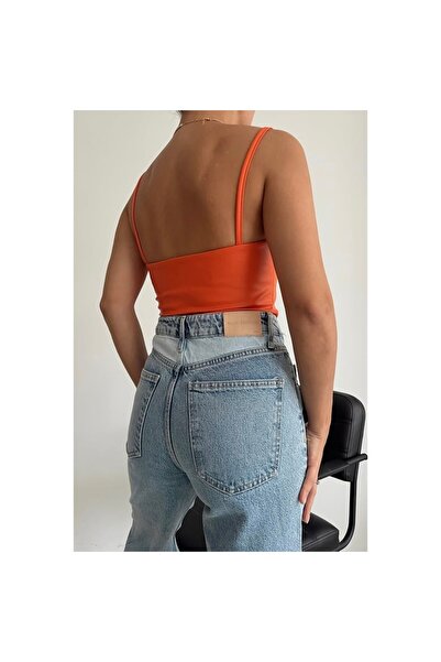 Freya Turuncu V yaka Askılı Deri Büstiyer Crop