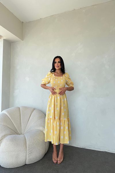kamacibutik Daisy Patterned Dress with Watermelon Sleeve Belt