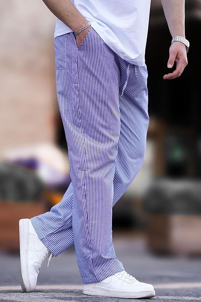 Madmext Navy Blue ντραπέ ριγέ παντελόνι - Ρυθμιζόμενη μέση, φαρδύ πόδι 6541